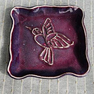 Handmade Art Pottery Trinket Dish Stoneware Purple Glaze Hummingbird